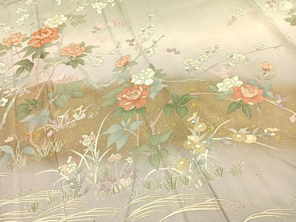 平和屋着物▽訪問着 単衣 作家物 駒刺繍 枝花文 暈し染め 金彩 正絹 逸品 AABF5648fy