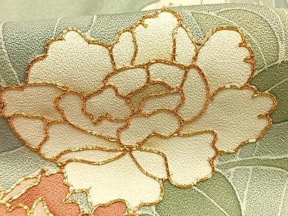 平和屋着物▽訪問着 単衣 作家物 駒刺繍 枝花文 暈し染め 金彩 正絹 逸品 AABF5648fy
