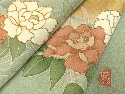 平和屋着物▽訪問着 単衣 作家物 駒刺繍 枝花文 暈し染め 金彩 正絹 逸品 AABF5648fy