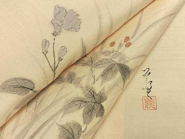 平和屋着物▽訪問着　単衣　紬地　作家物　手描き　草花文　正絹　逸品　AABF5651fy