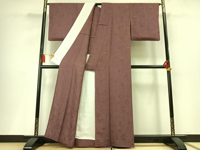 平和屋着物▽上質な色無地 単衣 草葉地紋 濃色 正絹 逸品 AABF5652fy