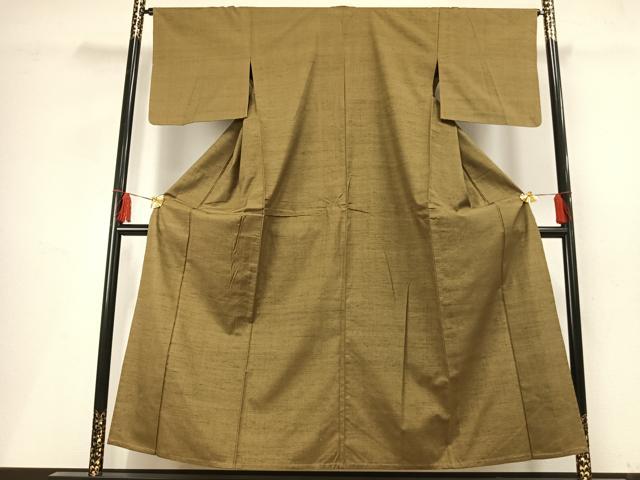 平和屋着物▽上質な紬 単衣 色無地 国防色 正絹 逸品 AABF5658fy