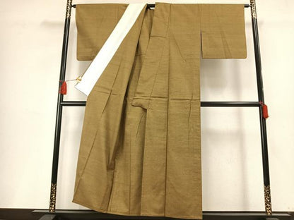 平和屋着物▽上質な紬 単衣 色無地 国防色 正絹 逸品 AABF5658fy