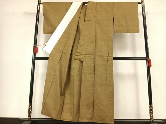 平和屋着物▽上質な紬 単衣 色無地 国防色 正絹 逸品 AABF5658fy