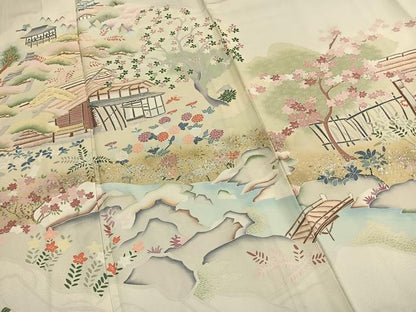 平和屋着物▽訪問着　単衣　作家物　風景花文　暈し染め　金銀彩　正絹　逸品　AABF5660fy