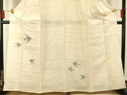 平和屋着物＊夏物　訪問着　生紬　手描き　魚　エンゼルフィッシュ　正絹　逸品　AABF5680fy