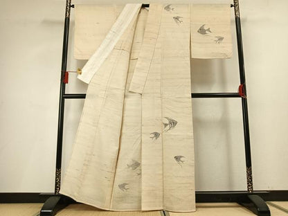 平和屋着物＊夏物　訪問着　生紬　手描き　魚　エンゼルフィッシュ　正絹　逸品　AABF5680fy