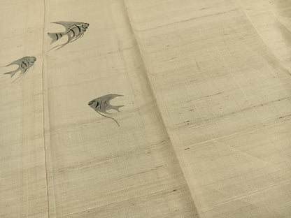 平和屋着物＊夏物　訪問着　生紬　手描き　魚　エンゼルフィッシュ　正絹　逸品　AABF5680fy