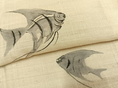 平和屋着物＊夏物　訪問着　生紬　手描き　魚　エンゼルフィッシュ　正絹　逸品　AABF5680fy