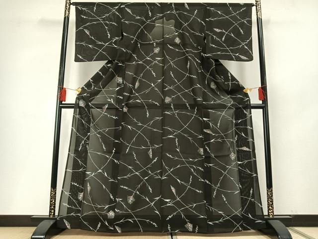 平和屋着物＊夏物　小紋　絽　手描き　草葉文　黒地　正絹　逸品　AABF5685fy