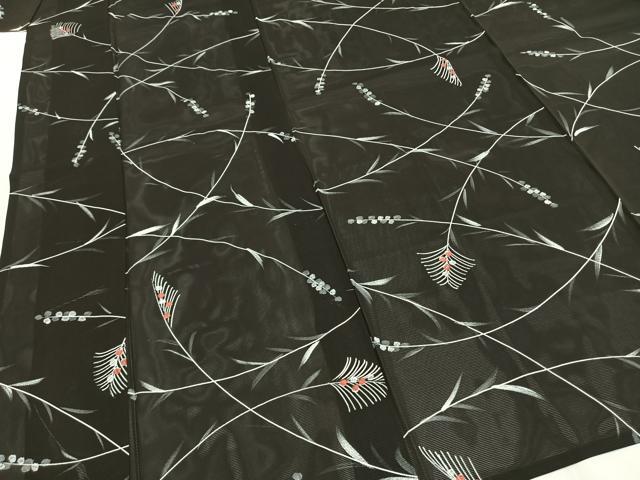 平和屋着物＊夏物　小紋　絽　手描き　草葉文　黒地　正絹　逸品　AABF5685fy