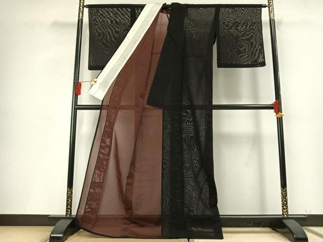 平和屋着物＊夏物 小紋 紗 縞 黒地 銀通し地 AABF5691fy