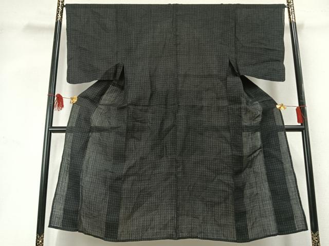 平和屋着物＊夏物 男性 上布 井桁絣 黒地 麻 逸品 AABF5696fy