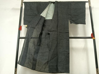 平和屋着物＊夏物 男性 上布 井桁絣 黒地 麻 逸品 AABF5696fy