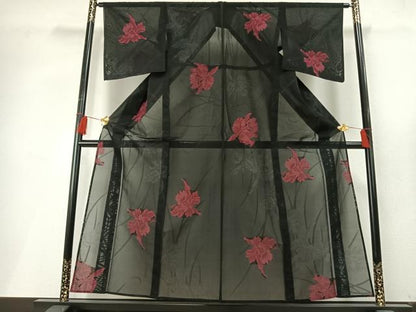 平和屋着物＊夏物 小紋 紗 草花文 黒地 銀通し地 正絹 逸品 AABF5701fy