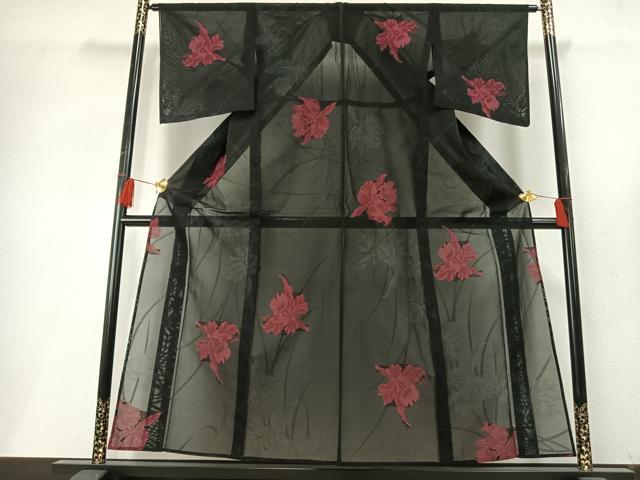 平和屋着物＊夏物 小紋 紗 草花文 黒地 銀通し地 正絹 逸品 AABF5701fy