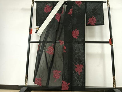 平和屋着物＊夏物 小紋 紗 草花文 黒地 銀通し地 正絹 逸品 AABF5701fy