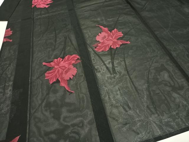 平和屋着物＊夏物 小紋 紗 草花文 黒地 銀通し地 正絹 逸品 AABF5701fy