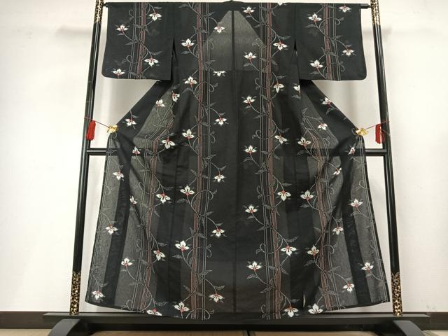 平和屋着物＊夏物 小紋 紗 花唐草文 黒地 洗える着物 AABF5706fy