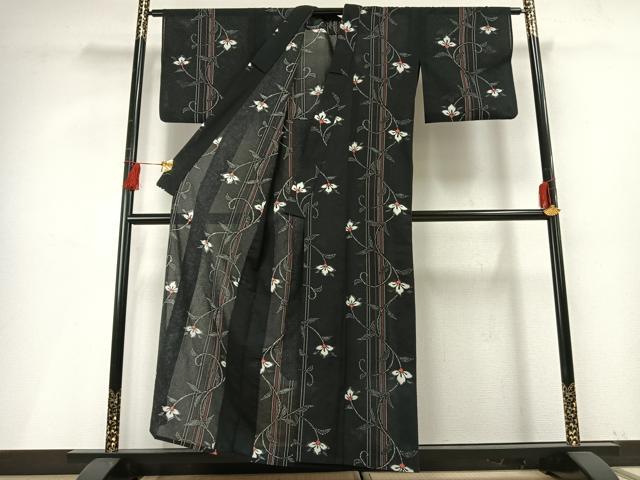 平和屋着物＊夏物 小紋 紗 花唐草文 黒地 洗える着物 AABF5706fy