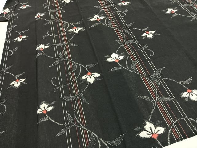 平和屋着物＊夏物 小紋 紗 花唐草文 黒地 洗える着物 AABF5706fy