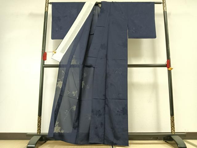 平和屋着物＊夏物 色無地 紗 草葉地紋 紺青色 正絹 逸品 AABF5737fy