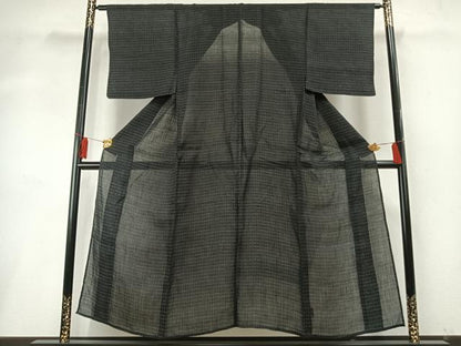 平和屋着物＊夏物 男性 上布 井桁絣 黒地 麻 逸品 AABF5742fy
