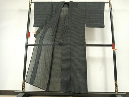 平和屋着物＊夏物 男性 上布 井桁絣 黒地 麻 逸品 AABF5742fy