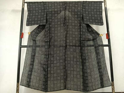 平和屋着物＊夏物　石川県指定無形文化財　能登上布　本麻手織上布　幾何学文様　黒地　麻　逸品　AABF5747fy
