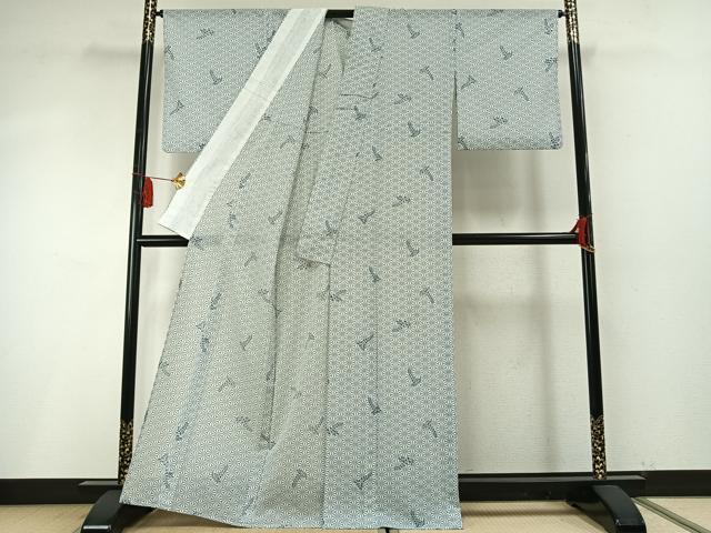 平和屋着物＊夏物 小紋 紗 草花 麻の葉文様 洗える着物 未使用 AABF5752fy