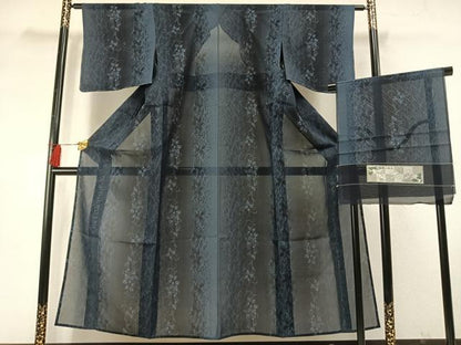 平和屋着物＊夏物　大島紬　夏大島　花唐草間道　反端付き　正絹　逸品　未使用　AABF5757fy