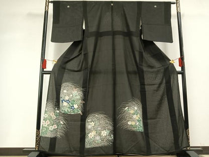 平和屋着物＊夏物 黒留袖 絽 手描き 草花文 金銀糸 金銀彩 正絹 逸品 AABF5767fy