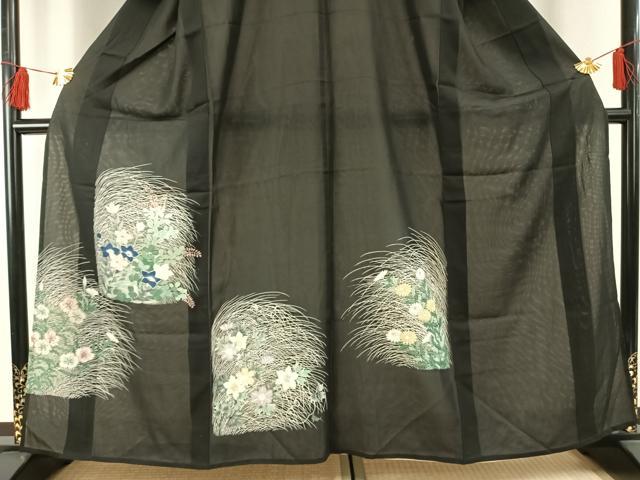 平和屋着物＊夏物 黒留袖 絽 手描き 草花文 金銀糸 金銀彩 正絹 逸品 AABF5767fy