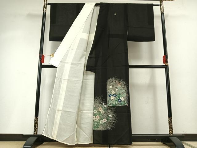 平和屋着物＊夏物 黒留袖 絽 手描き 草花文 金銀糸 金銀彩 正絹 逸品 AABF5767fy