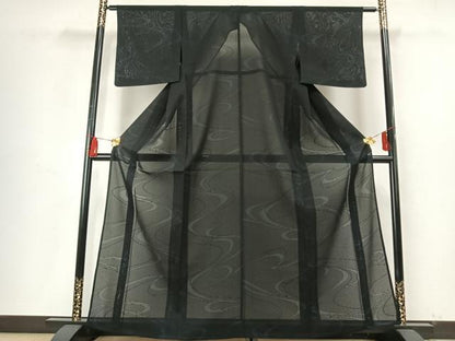 平和屋着物＊夏物 小紋 絽 流水文 黒地 正絹 逸品 AABF5778fy