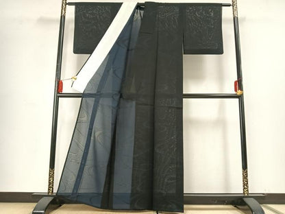平和屋着物＊夏物 小紋 絽 流水文 黒地 正絹 逸品 AABF5778fy