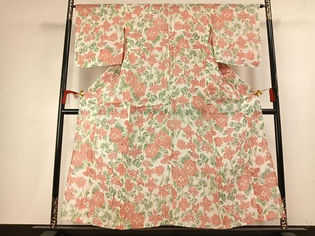 平和屋着物＊夏物 小千谷ちぢみ 草花文 麻 逸品 AABF5779fy