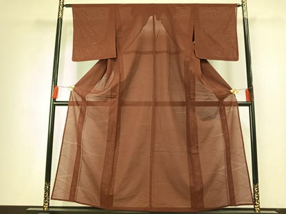 平和屋着物＊夏物 色無地 絽 芝地紋 栗皮茶色 正絹 逸品 AABF5780fy