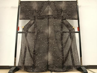 平和屋着物＊夏物 絹芭蕉 流水舞桜文 黒地 正絹 逸品 AABF5784fy