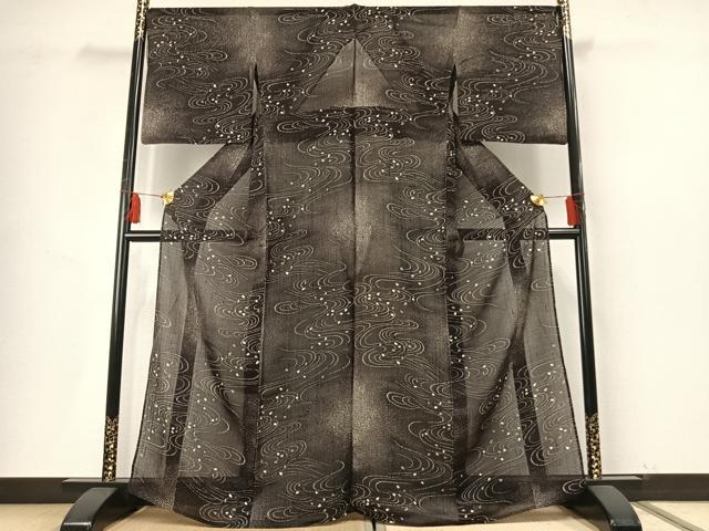 平和屋着物＊夏物 絹芭蕉 流水舞桜文 黒地 正絹 逸品 AABF5784fy