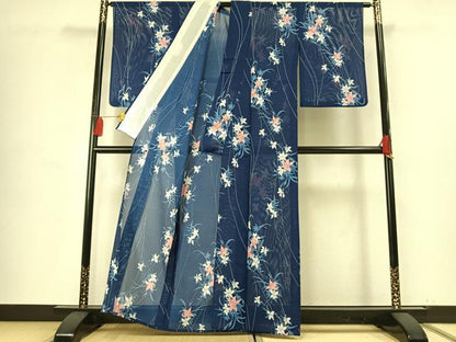 平和屋着物＊夏物 小紋 絽 草花文 洗える着物 AABF5785fy