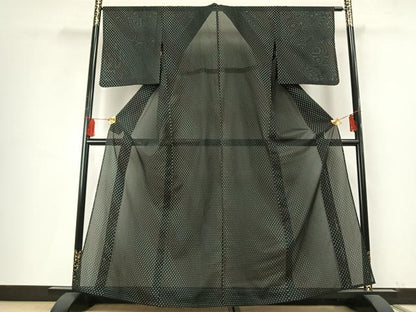 平和屋着物＊夏物　小紋　絽　丸文　黒地　洗える着物　AABF5786fy