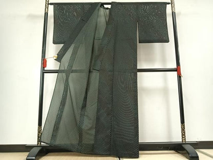 平和屋着物＊夏物　小紋　絽　丸文　黒地　洗える着物　AABF5786fy