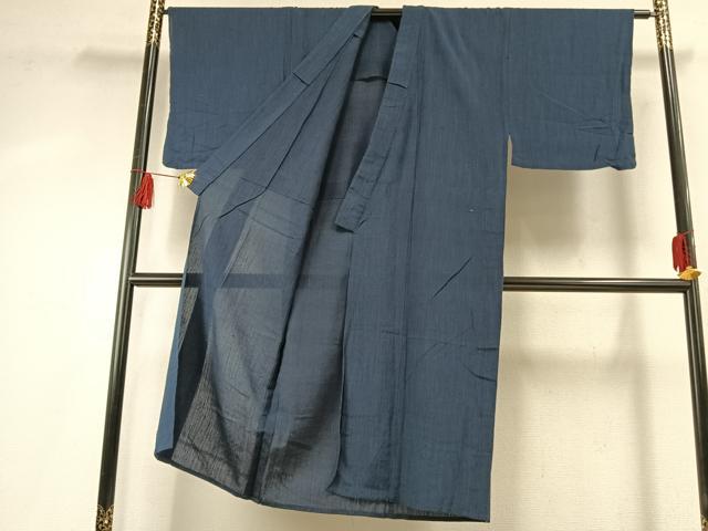 平和屋着物▽男性　紬　単衣　青藍色　正絹　逸品　AABF5810fy