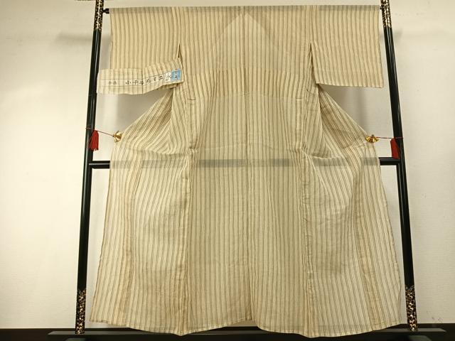 平和屋着物＊夏物 小千谷ちぢみ 縞 杉山織物謹製 証紙付き 麻 逸品 AABF5823fy