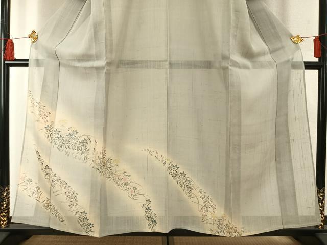 平和屋着物＊夏物 染織の名門 しょうざん 生紬 訪問着 手描き 草花文 正絹 逸品 AABF5824fy