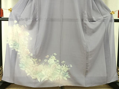 平和屋着物＊夏物 訪問着 絽 手描き 草花文 暈し染め 銀彩 洗える着物 AABF5828fy