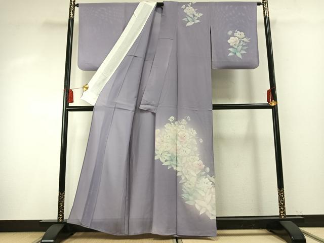 平和屋着物＊夏物 訪問着 絽 手描き 草花文 暈し染め 銀彩 洗える着物 AABF5828fy
