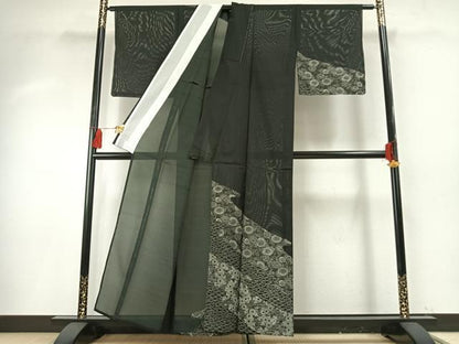 平和屋着物＊夏物 訪問着 絽 型染め 草花文 黒地 洗える着物 未使用 AABF5834fy