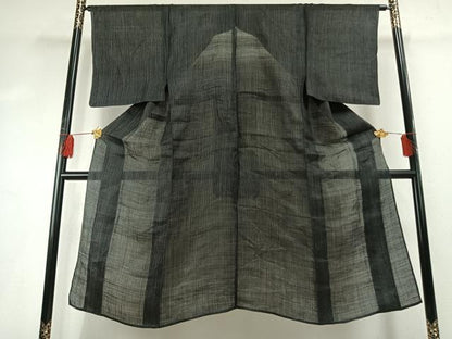 平和屋着物＊夏物 男性 石川県指定無形文化財 能登上布 本麻手織上布 縞 黒地 麻 逸品 AABF5839fy